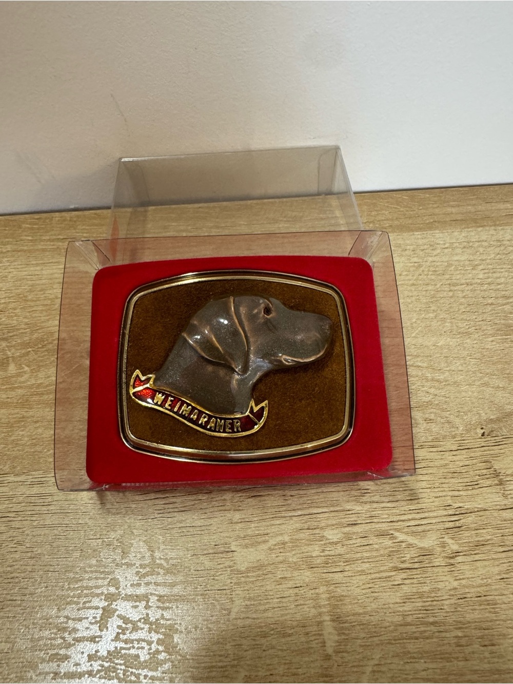 Weimaraner Dog Belt Buckle - Brown & Brass Enamel